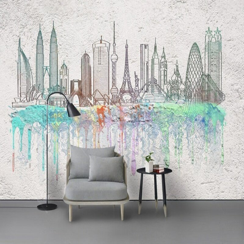 Modern watercolor city silhoue - Commercial Wallpaper Printing 리뷰 및 가격